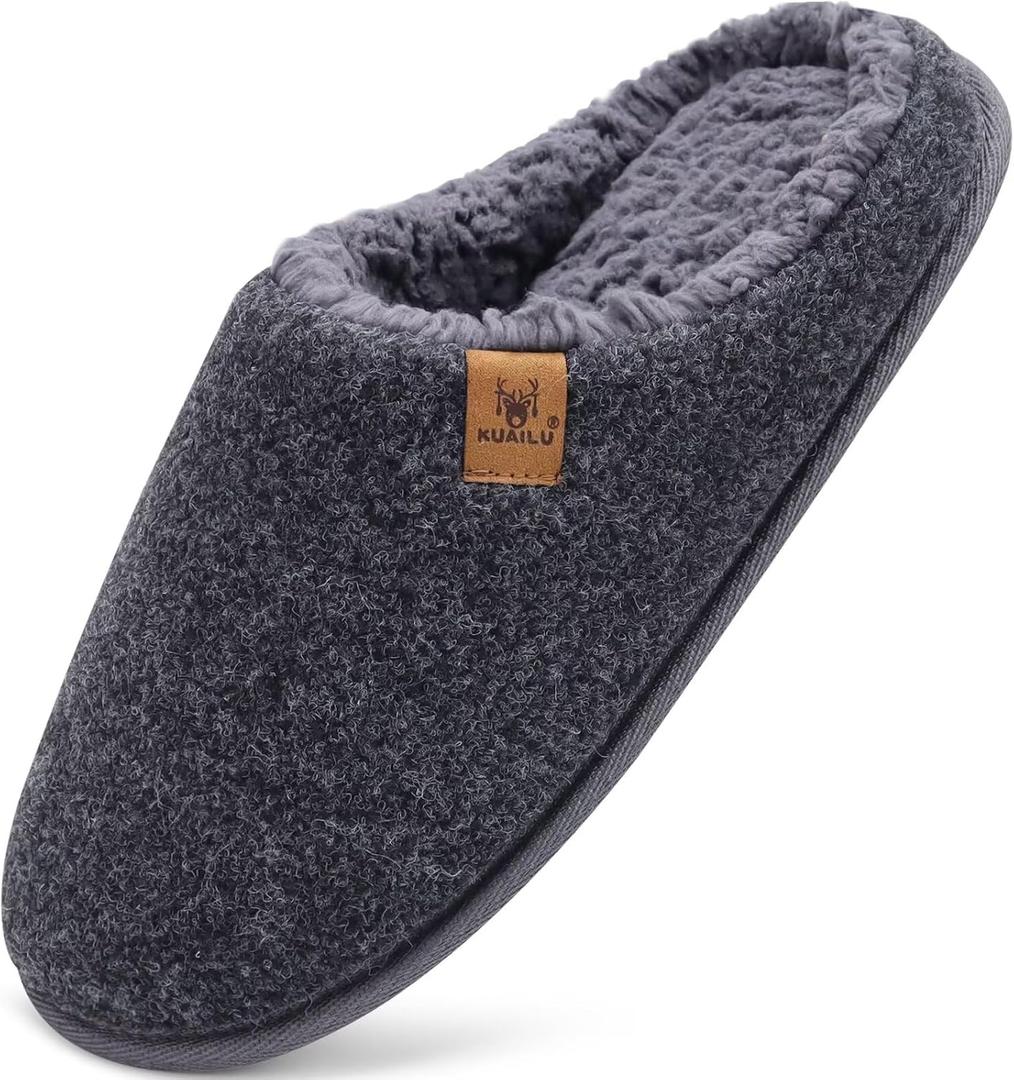 KuaiLu Mens House Memory Foam Slippers with Orthopedic Arch Support Comfy Warm Plush Lining Slip On Casual Pantuflas Mans Comfortable Bedroom Shoes Rubber Sole for Indoor&Outdoor Grey Size 10 (Black)