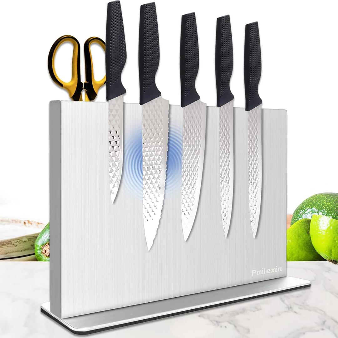 Magnetic Knife Block Without KnivesStainless Steel Double-Sided Magnetic Knife Holder Stand with Strong Magnets, Knife Storage Organizer for Kitchen Counter top (12 Inch, Silver)