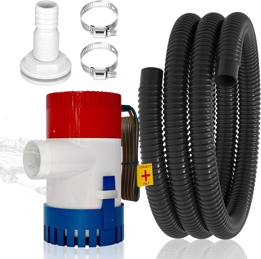 1100GPH 12V Boat Bilge Water Pump, 1-1/8" 6FT Kink-Resistant Bilge Pump Hose, ABS Thru-Hull Fitting, 2PCS Stainless Steel Clamps for Boat Marine