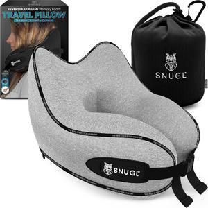 SNUGL Neck Travel Pillow - Memory Foam Airplane Pillow - Flight Pillow | Neck Support Travel Pillow with Carry Bag & Clip | Neck Pillows for Sleeping Travel Plane | Flying Travel Essentials - Grey (Adult Regular)