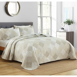 Boryard Queen Size Quilt Set, 3-Piece Lightweight Soft Full Size Summer Patchwork Reversible Bedspread Coverlet (90x90in) Bedding Set w 2 Pillow Shams, Light Beige White Plaid Floral Print