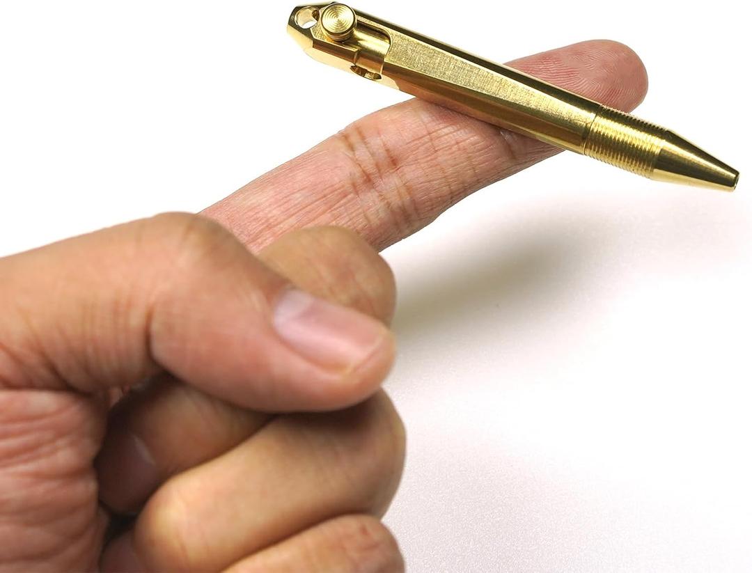 Mini Brass Bolt Action Pen with Keychain, Handmade EDC Pocket Pen, 76 mm with 2 Replacement Refills & Gift Box (Gold)