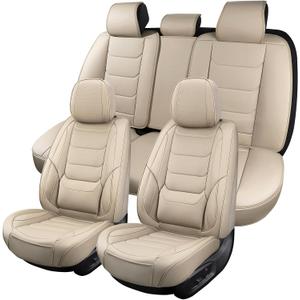 Leather Car Seat Covers Full Set Breathable Automotive Seat Covers Waterproof Seat Protectors Universal Fit for Most Automotive Cars SUV Trucks(Beige, Full Set)