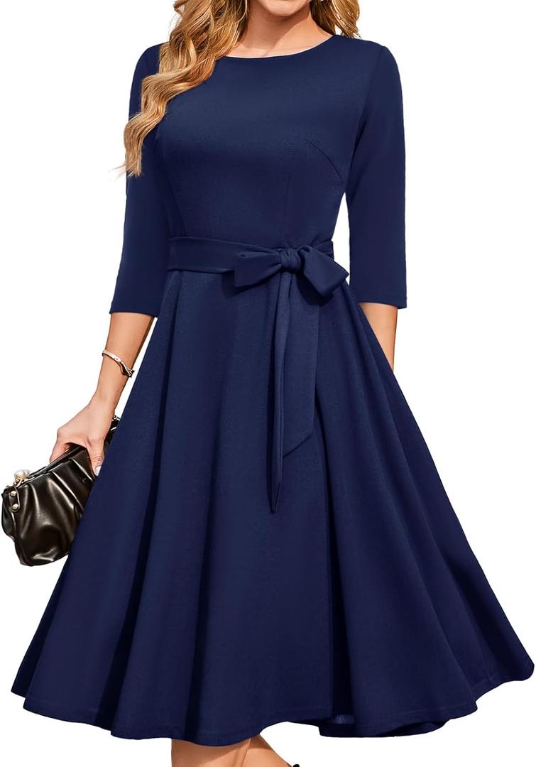 DRESSTELLS Women's Cocktail Dresses for Wedding Guest, Formal Tea Party Long Sleeve Dress Church Mother of the Bride Evening Gala 50S Vintage Modest A Line Fit and Flare Funreal, Navy L