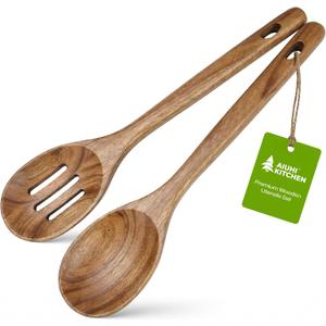 AIUHI 2Pcs Wooden Cooking Spoons for Cooking, No Scratch Wooden Spoons Set of Slotted Spoon & Serving Spoon, Natural Teak Wood Utensils Set for Cooking, Serving & Mixing