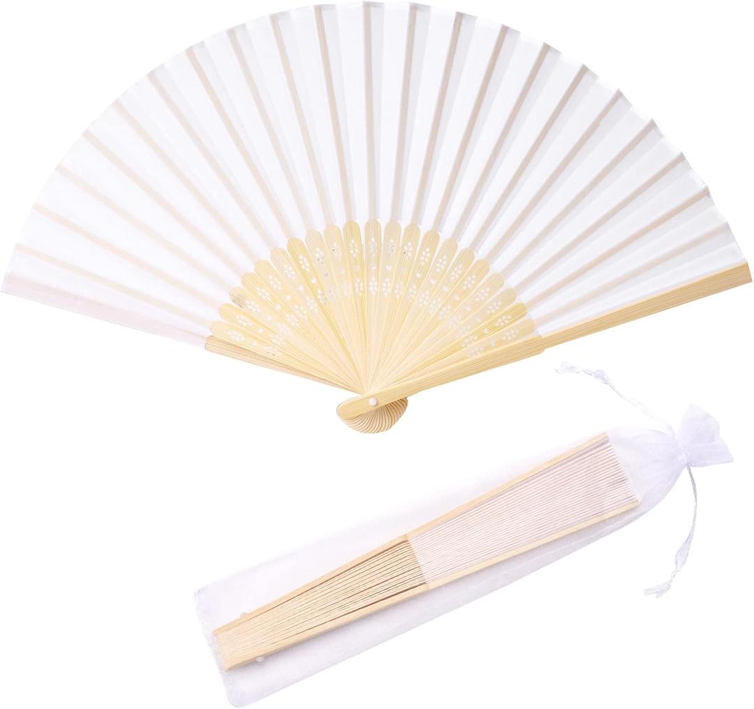 50pcs Imitated Silk Hand Fan Silk Fabric Bamboo Frame Handheld Folding Fan Bridal Dancing Props Church Wedding Party Favors with Organza Bags (White)