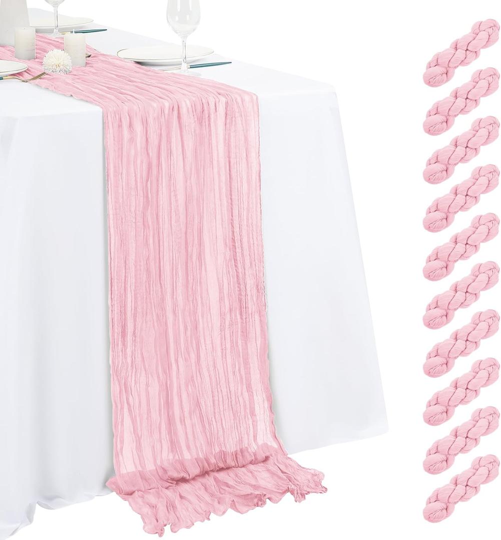 10 Pack Light Pink Cheesecloth Table Runner 17x108 Inch Semi Sheer Boho Gauze Cheese Cloth Table Runners, for Wedding Bridal Shower Birthday Party Home Decor Garden Farmhouse