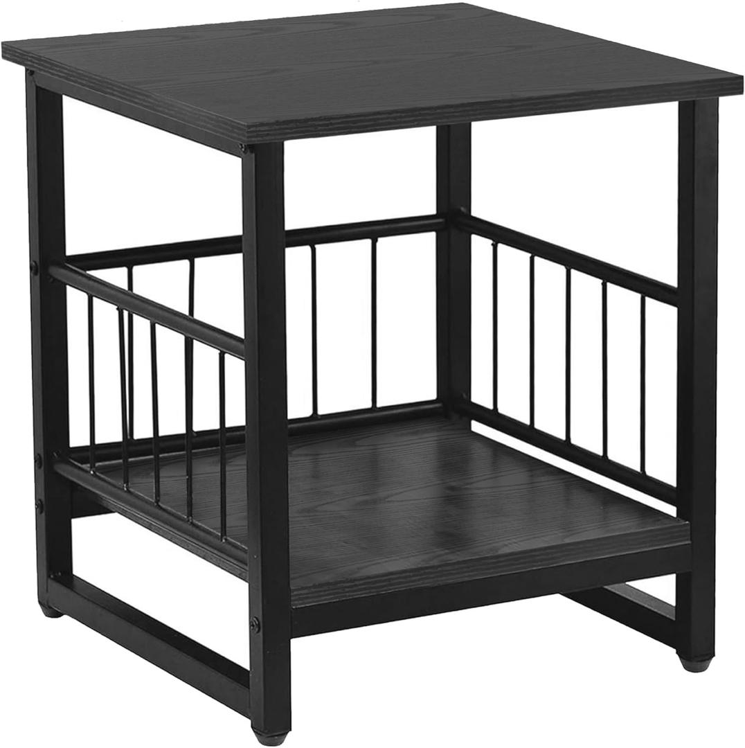 End Table, Industrial Side Table with 2-Tire Storage Shelf, 180LBS Mini Fridge Stand with Adjustable Feet, 18"x18" Wood Night Stand Small Bedside Table with Sturdy Metal Frame for Living Room Bedroom