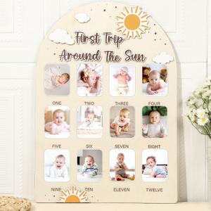 First Trip Around the Sun Photo Board Sunshine Birthday Party Decoration Wooden Board 12 Monthly Milestone Picture Frame One Year Old 1st Birthday Banner for Baby Keepsake Gift Supply(Fit 2x2.8in Pic)