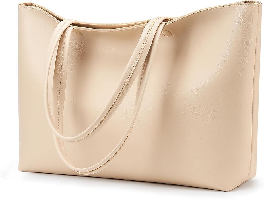 KALIDI Tote Bag Zipper Shoulder Bag Faux Leather Purses Satchel for Women Large Casual Handbag Work Dating College, Beige