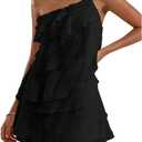 SOLY HUX Women's Mini Dress One Shoulder Ruffle Mesh Dresses Layered Backless Vacation Party Sundresses (Black, XXL)