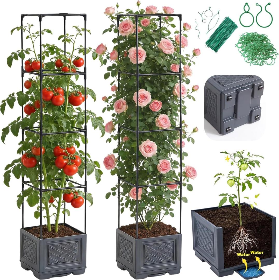Tomato Planter Box with Trellis - Self-Watering Rolling Raised Garden Bed with Tomato Cages for Climbing Plants - Tomato Pots with Cage Plant Support for Flower Vegetable Vine Indoor Outdoor