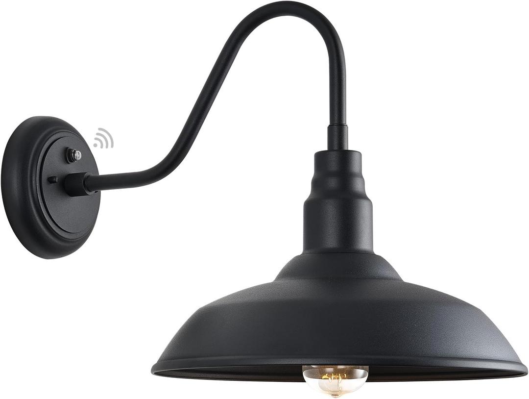 14in Large Dome Gooseneck Barn Light Outdoor, Dusk to Dawn Outdoor Barn Lights, Matte Black Farmhouse Exterior Light Fixture, Goose Neck Wall Sconce for Porch, Garage, Patio