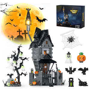 Halloween Haunted Mansion Building Set,Before Xmas Haunted House Building Blocks Set with Light, Glow-in-The-Dark Pumpkins and Skeleton Ghosts, Halloween Toys Gifts for Adults & Kids