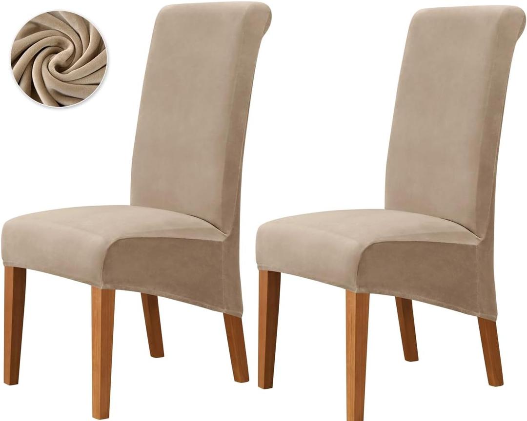 Deisy Dee Stretch XL/Oversized Extra Large Velvet Dining Room Chair Covers for Kitchen Dining Removable Washable Chair Protectors Slipcovers (Khaki, 2)