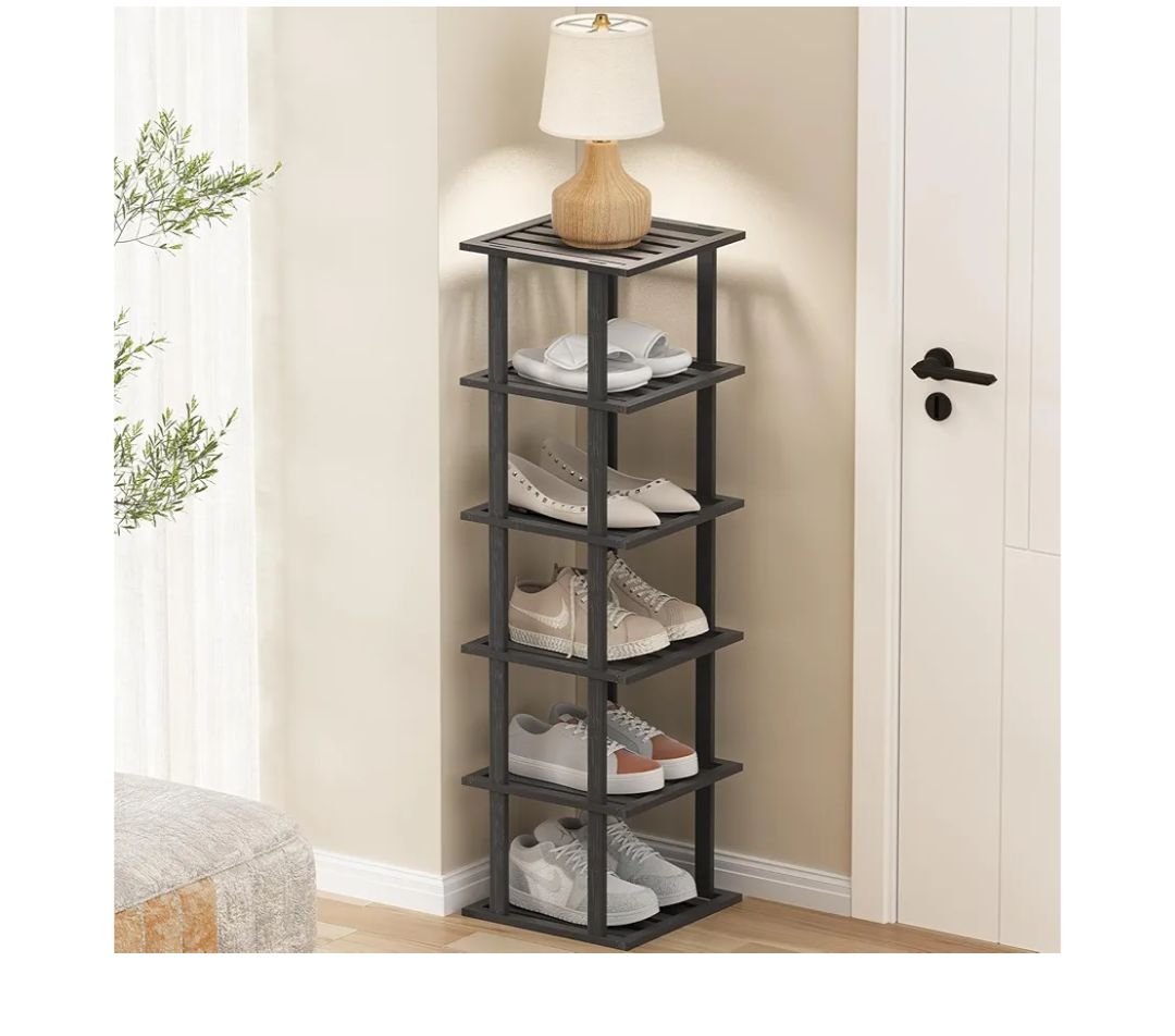 SHIISEWE Bamboo Shoe Rack for Small Spaces 6 Tier Tall Vertical Narrow Rack for Closet Stackable Shoe Holder, Black Stand for Entryway Storage Shoe Organizer