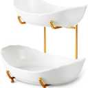2 Tier Ceramic Fruit Bowl for Kitchen Counter, Tiered Fruit Basket for Countertop, Modern Multi Layer Fruit Display Stand for Party, Cute (Gold&White, Small)