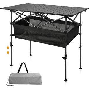 Folding Camping Table, Outdoor Roll-up Table Height Adjustable & Portable Metal Camp Grill Table for Picnic, BBQ, Party, Backyard, Beach, Mesh Storage and Carry Bag (Ash Black, 37.4'' Large)