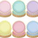 Peony man 48 Pcs Pastel Scalloped Paper Plates Disposable Macaron Party Plates 9 Inch Gold Edge Colorful Dinner Plate Pastel Rainbow Dessert Plate for Wedding Birthday Baby Shower Party Supplies
