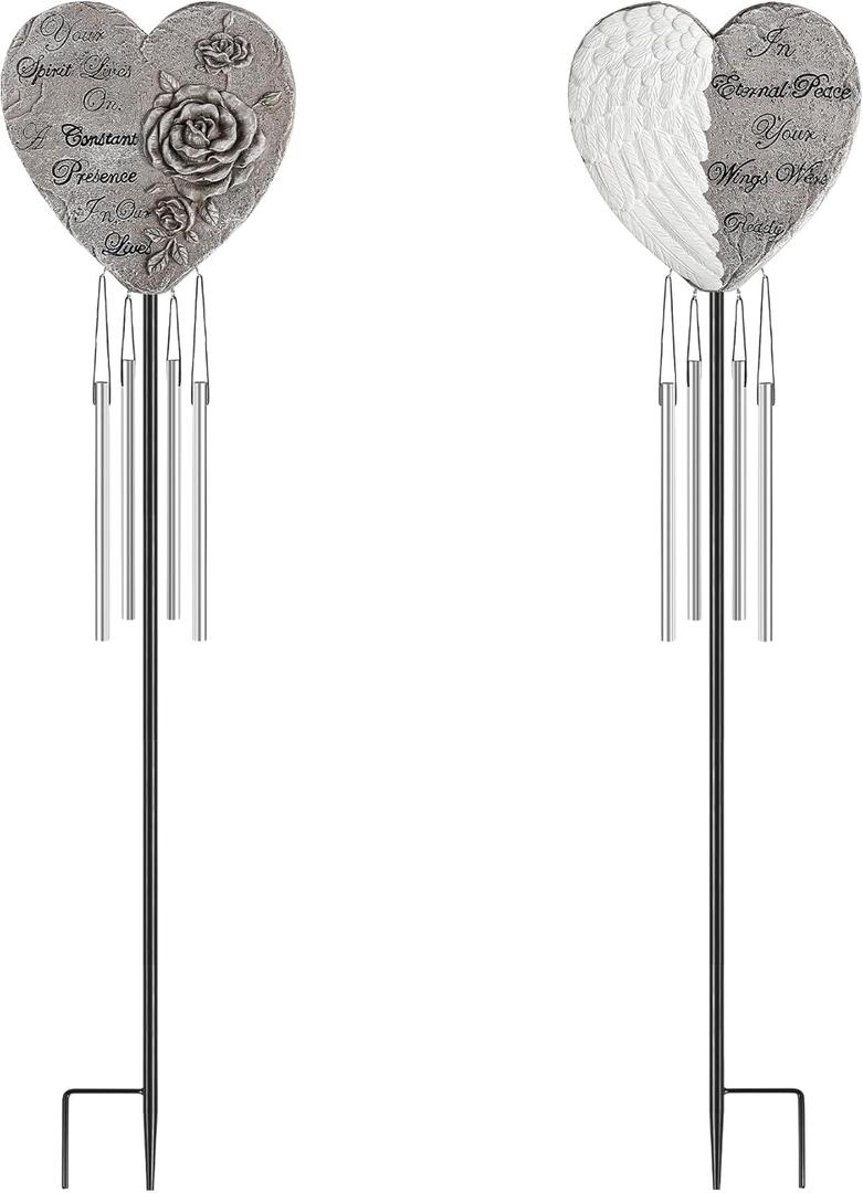 bocola Resin Heart Wind Chime with Rose & Angel Wings Engravings - Memorial Plaques for Garden Cemetery Grave Decoration-Sympathy Gifts for Loss of Loved One