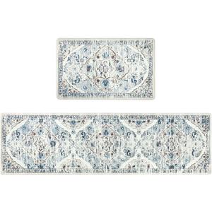 Ileading Large Kitchen Anti Fatigue Mat Set of 2 Non Skid Waterproof Kitchen Floor Mats Vintage Cushioned Comfort Standing Mat Boho Kitchen Rug Runner for Sink Laundry, 20"x71"+20"x32", Blue