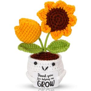 Mini Handmade Positive Sunflower Crochet Decorative with Card,Thank You for Helping Me Grow, Teacher Gifts for Women, Christmas,Birthday,Graduation,New Year Gift.