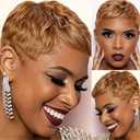 Brazilian Human Hair Pixie Cut Wig for Women Honey Blonde 180% Density Straight Short Wig with Bangs Non Lace Front Rose Net Cap for Party Cosplay Daily Use