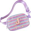 Fanny Pack for Girls,Birthday Easter Gifts,Chenille Initial Letter Girls Crossbody Bag,Preppy Teen Belt Bag for Graduation Travel Gifts,Cute Sequin Trendy Stuff. (J, Purple)