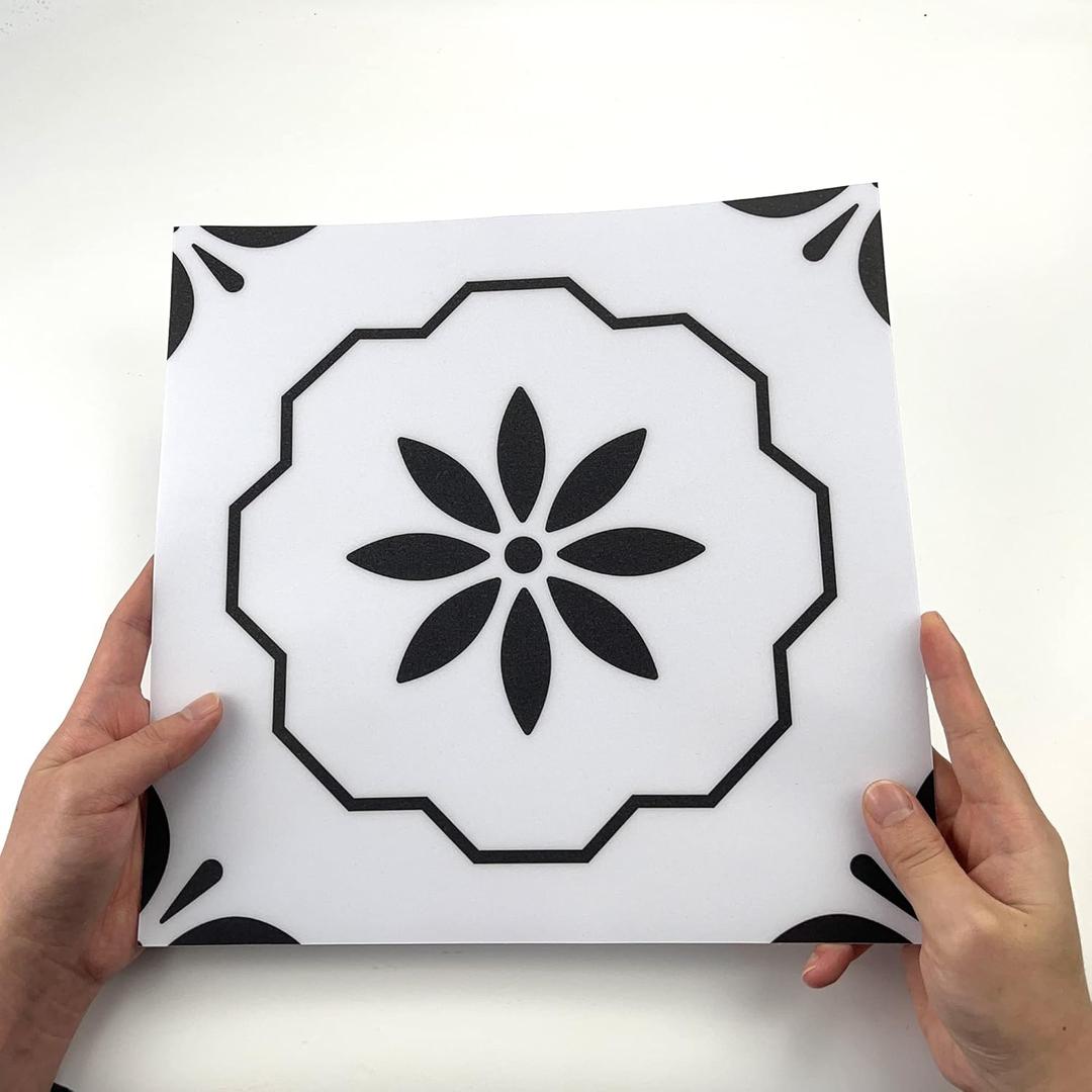 12 Pcs Peel and Stick Frosted Vinyl Floor Tiles Sticker for Kitchen Bathroom, Waterproof Backsplash Sticker Wall Tile Stickers, 12x12inch/30x30cm, Black and White Classic