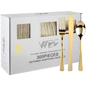 WDF300 Pieces Gold Plastic Silverware - Heavy Duty Disposable Gold Cutlery Set Plastic Gold Silverware Set Plastic Includes 100 Forks, 100 Spoons, 100 Knives for Party