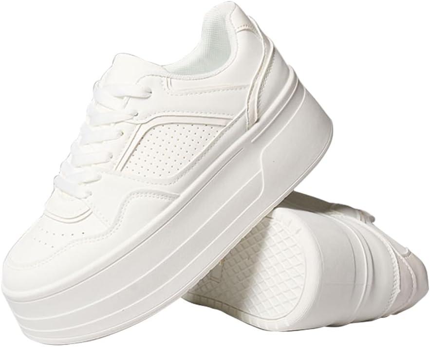Chouiss Sneakers for Women, Stylish Thick Soled Breathable White Walking Shoes, Non Slip, Lightweight, Comfortable, Soft Sole, White, Size 6.5