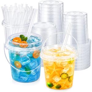 75 PCS Drink Buckets With Lids And Straws, 34 oz Clear Plastic Bucket Cups With Handles, Lemonade Buckets for Drinks, Iced Coffee, Smoothies, Fruit Tea, Pool Party, Birthday Party Supplies, Large