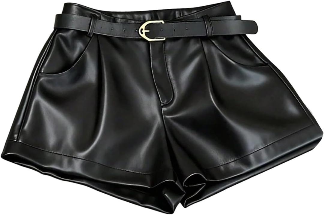 RoseSeek Women's A Line Leather Shorts Pleated Front High Waisted Wide Leg Mini Shorts Office Wear Black, Large