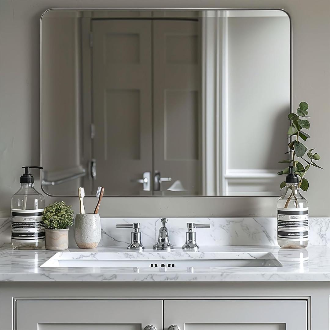 ANDY STAR 36"x48"Chrome Bathroom Mirror, Large Wall Mirror for Bathroom, Rounded Rectangle Mirror in Premium Stainless Steel Metal Frame Hangs Horizontal Or Vertical
