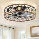 LEDIARY 23 Inch Caged Ceiling Fans with Lights, Farmhouse Flush Mount Ceiling Fan with Remote, Large Low Profile Ceiling Fan Light Fixture for Bedroom, Kitchen, Dining Room (Walnut)