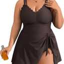 Charmo Plus Size Swimsuit for Women Swim Dress Scalloped One Piece Tummy Control Bathing Suit Ruched Swim Suits 2026 (1X, Brown)