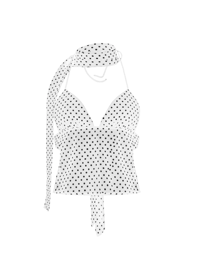 Women Polka Dot Y2k Cami Tank Top Halter Neck Spaghetti Strap Going Out Tops, size XL