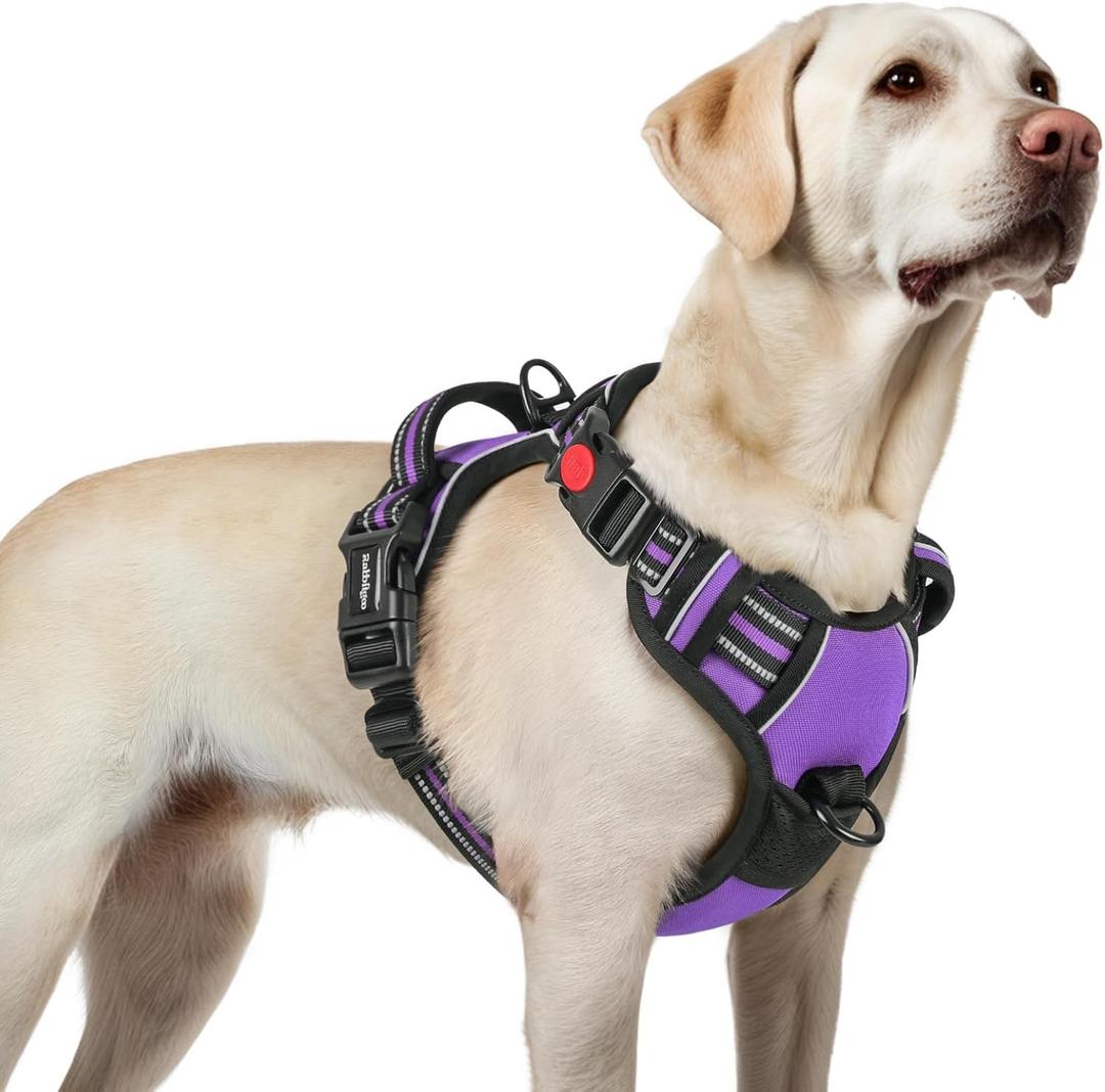 rabbitgoo Dog Harness for Large, No Pull Pet Harness with 3 Buckles, Adjustable Soft Padded Vest with Control Handle, Walking Reflective Pet Vest for Dogs, Purple, Large