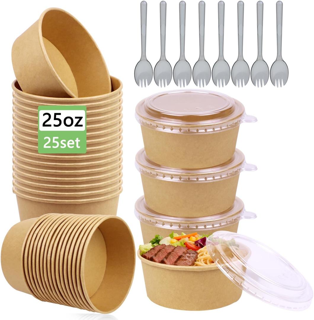 25 Pack 25oz Disposable Kraft Paper Bowls with Lids and Forks, Meal Prep Containers Disposable Soup Serving Bowls Take Out Containers for Party, Microwave Safe for Hot/Cold Food (Round)