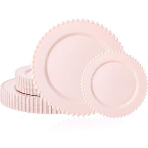 U-QE 60PCS Pink Plastic Plates - Heavy Duty Beaded Pink Disposable Plates for Party, Baby Shower, Wedding, Birthday - Serving 30 Guests Include 30PCS 10inch Dinner Plate & 30PCS 7inch Dessert Plate