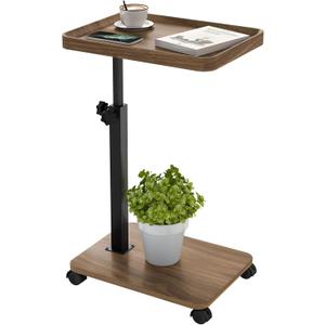 End Table, Adjustable Height Side Table, 360 Rotating MDF Veneer Sofa Side Table with Lockable Wheels, C-Shaped TV Tray Table for Living Room Bedroom (Walnut Brown)
