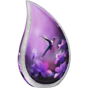 Urn for Ashes for Women & Male, Cremation Urns for Human Ashes Adult Female and Man, Funeral Urn, Large Tear Drop Model Decorative, Burial, Purple Flower with Hummingbird - Full Size Teardrop (Large / Adult, Purple)