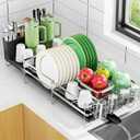 Large Dish Drying Rack, Expandable Dish Rack, Stainless Steel Anti-Rust Dish Racks for Kitchen Counter, Multifunctional Dish Drainer with Utensil Holder & Cup Holder, 13.4"-28.7" L x 11.8" W