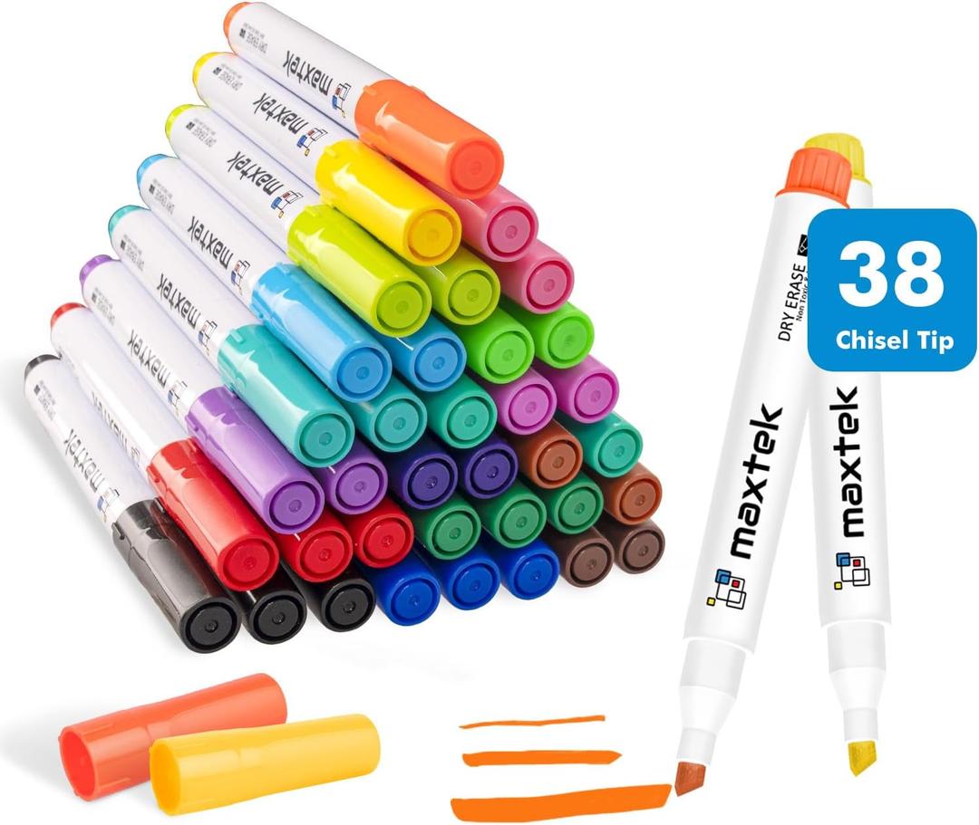maxtek Dry Erase Markers Chisel Tip, 38 Count, 17 Assorted Colors, Low Odor Whiteboard Markers Dry Erase, Colored Markers Bulk