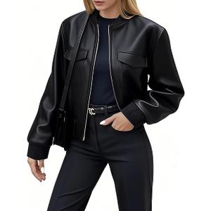 Ommiivex Women Leather Jacket Faux Cropped Bomber Coat Cute Short for Casual Vacation Travel College Going Out Classy Outfit Size M