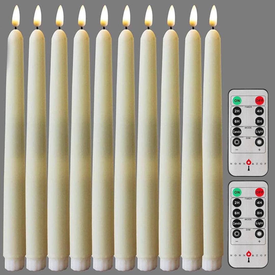 NONNO & ZGF 10 Pack Flameless Taper Candles, Ivory Wax Coverd, 11-Inch, LED Battery Flickering Bright Candle with 2 Remote Controls, Timer, for Wedding, Family Dinner, Party, Festive or Home Decor