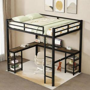 Full Size Loft Bed Frame with Desk and Storage Shelves, Heavy Duty Metal Loft Bed with L-Shaped Desk and Ladder, Full Size Loft Beds for Kids, Teens, Adult, Black