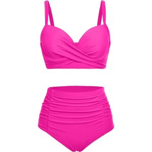 Yonique Women Underwire Bikini Set High Waisted Tummy Control Swimsuit 2 Piece Push Up Bathing Suit (X-Large, Hot Pink)