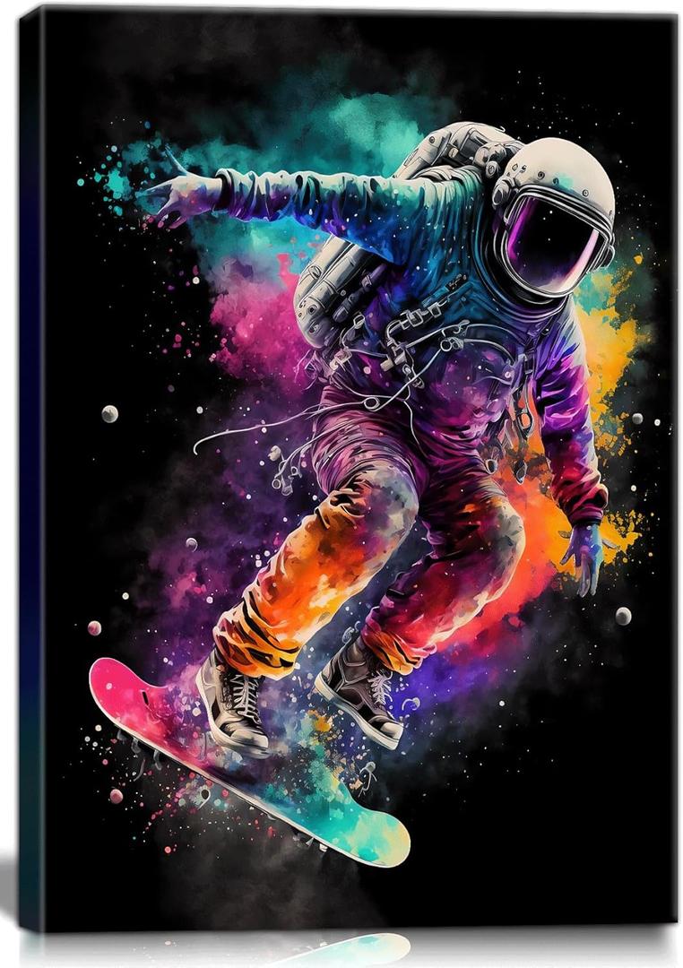 Framed Astronaut Wall Art Space Pop Culture Graffiti Street Art Painting Pictures Wall Decor Canvas Prints Modern Gifts For Man Artwork Space Boys Room Home Decor For Bedroom Living Room Office (16"L x 12"W)