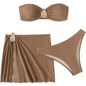 Milumia Women's Metal Textured 3 Piece Swimsuit Strapless Bandeau Bikini Set with Coverup Bathing Suit (Brown), S